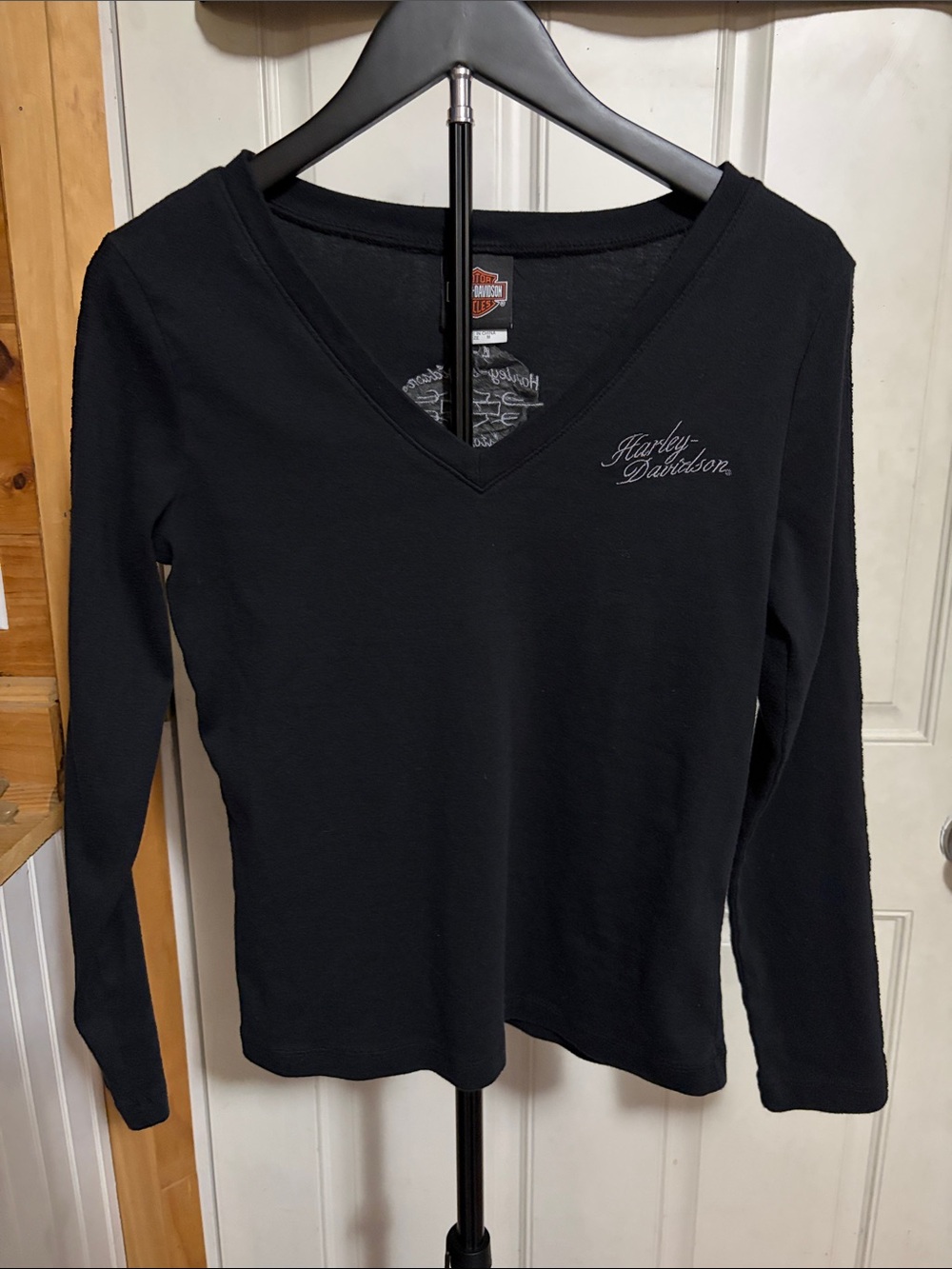 Harley Davidson Black V Neck Long Sleeve with Lace Trim Detailing